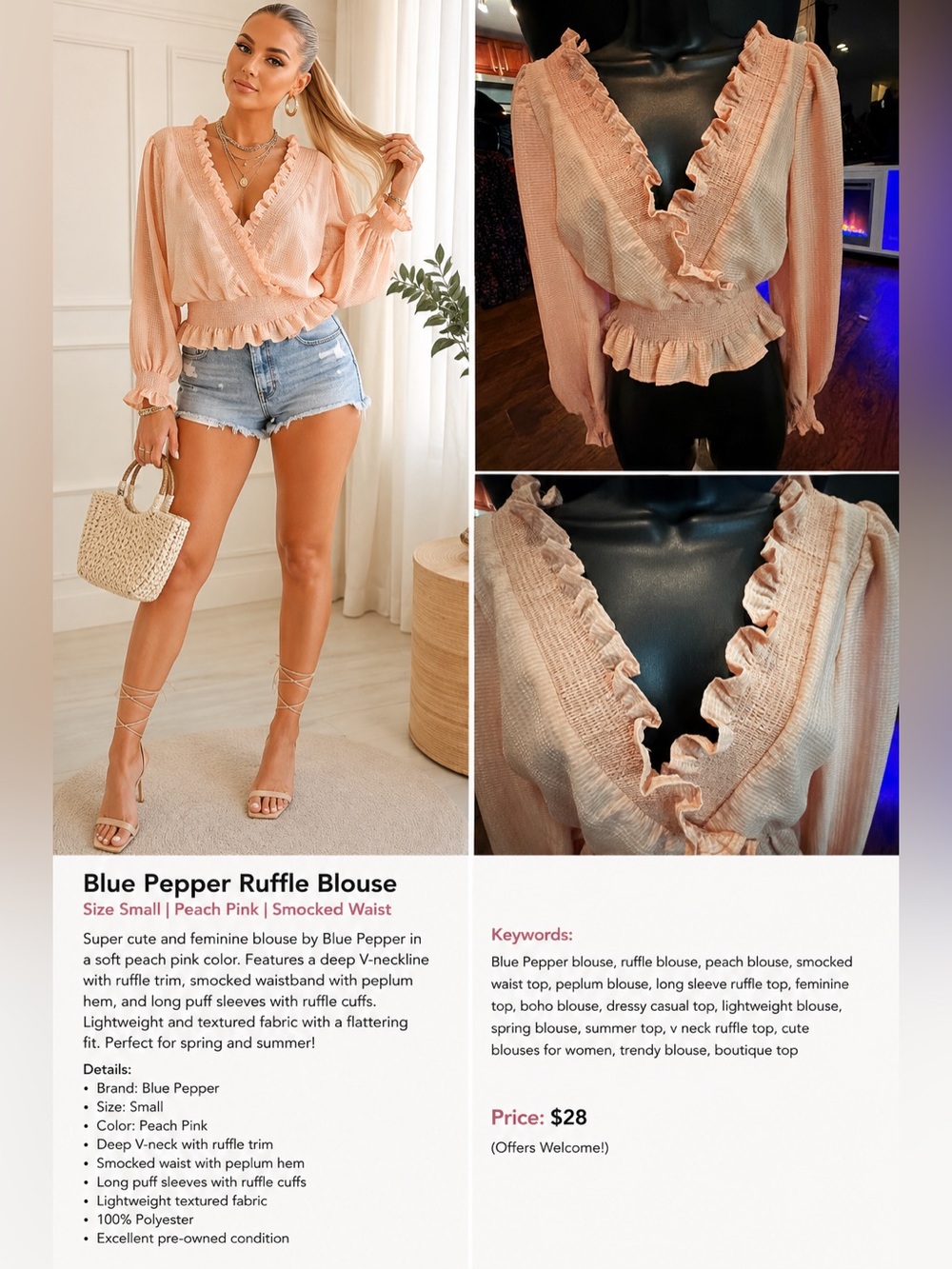 Blu Pepper Pink Peach Ruffle Surplice Smocked Waist Blouse Top Size Small EUC - Picture 2 of 5